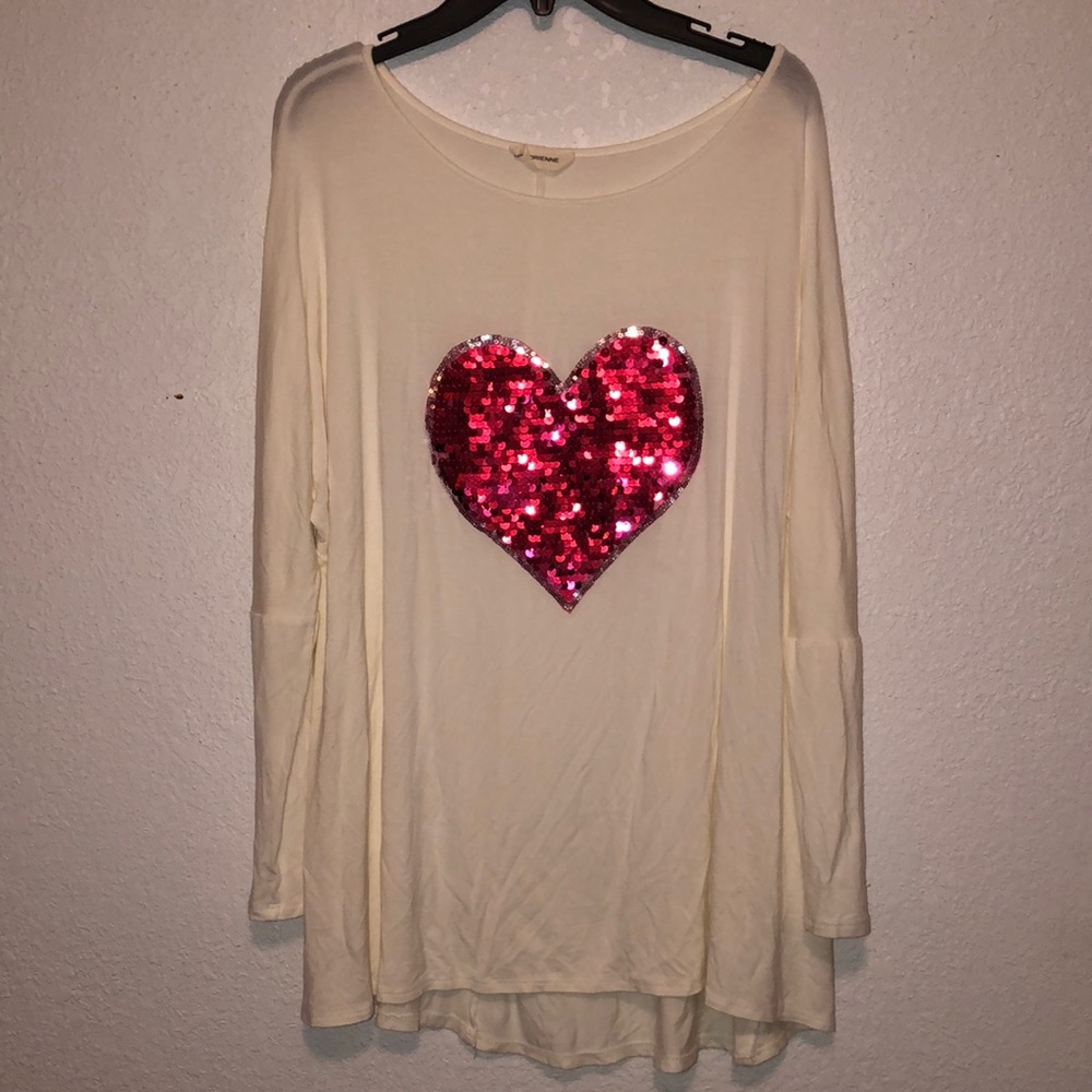 White Long Sleve Shirt with Sequin Pink Heart